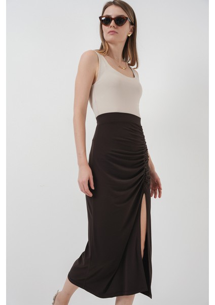 8033 Sandy Yırtmaçlı Etek - Kahverengi fırsatları