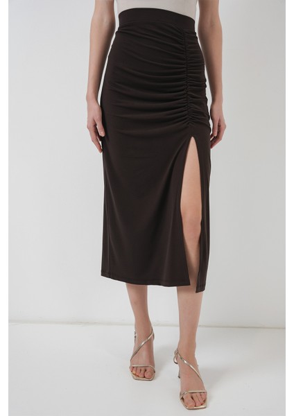 8033 Sandy Yırtmaçlı Etek - Kahverengi indirimleri