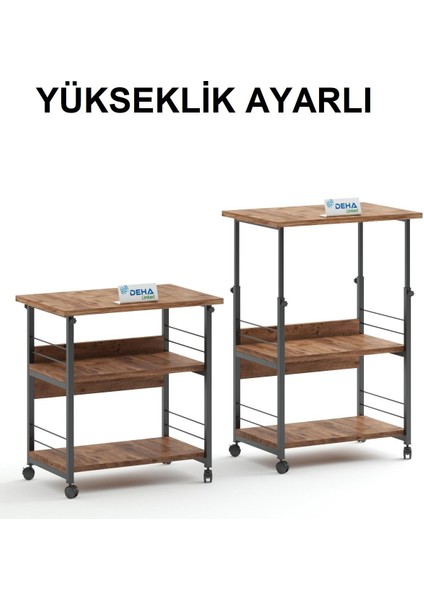 Çok Amaçlı Yükseklik Ayarlı Frenli Tekerlekli 3 Katlı Mutfak Fırınlık Kahve Masası Yazıcı Sehpası Servis Standı
