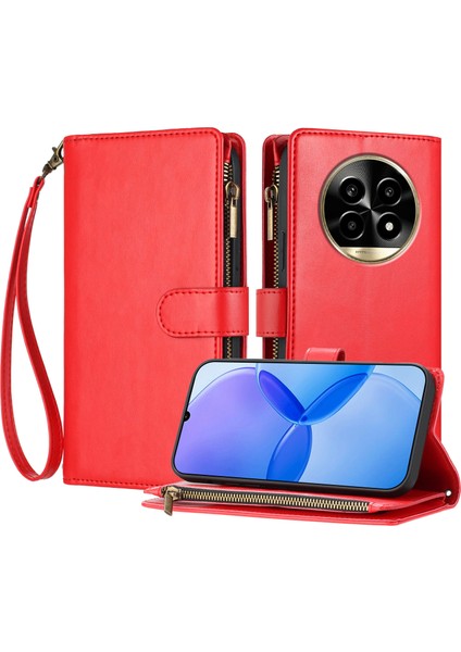 Realme 13 Pro Plus ile Uyumlu Rfıd Engelleme Kredi Kartı Tutucu Deri Fermuarlı Kapaklı Cüzdan Bilek Kayışı Destekli Koruyucu Kılıf (Yurt Dışından)
