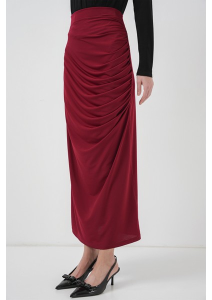 8035 Büzgülü Midi Etek - Bordo fırsatları