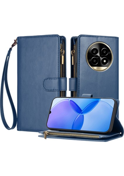 Realme 13 Pro Plus ile Uyumlu Rfıd Engelleme Kredi Kartı Tutucu Deri Fermuarlı Kapaklı Cüzdan Bilek Kayışı Destekli Koruyucu Kılıf (Yurt Dışından)