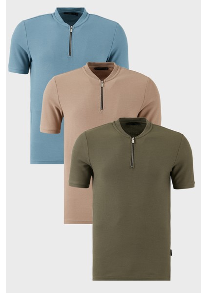 Pamuklu Regular Fit Yarım Fermuarlı Kolej Yaka 3'lü Paket T Shirt Erkek T Shirt 5902653S3