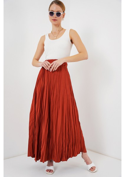 Kadın Uzun Kırışık Etek 8042 - Kiremit