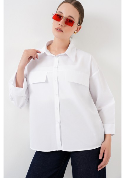 Kadın Cep Detaylı Oversize Gömlek 20313 - Beyaz