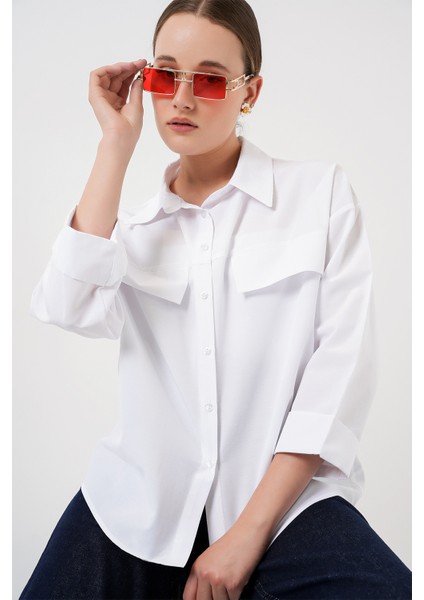 Kadın Cep Detaylı Oversize Gömlek 20313 - Beyaz modelleri