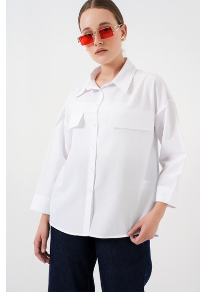 Kadın Cep Detaylı Oversize Gömlek 20313 - Beyaz fırsatları
