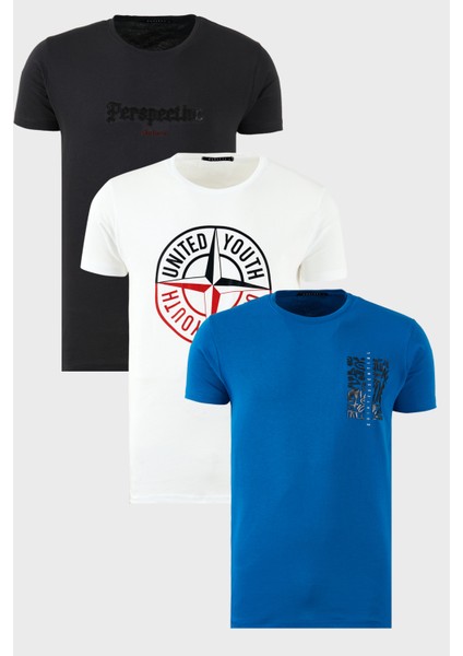 Pamuklu Slim Fit Bisiklet Yaka Baskılı 3'lü Paket T Shirt Erkek T Shirt 541S31
