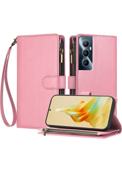Realme C65 ile Uyumlu Rfıd Engelleme Kredi Kartı Tutucu Deri Fermuarlı Kapaklı Cüzdan Bilek Kayışı Destekli Koruyucu Kılıf (Yurt Dışından)