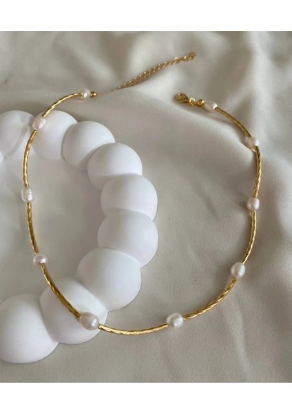 Doğal Incili Altın Kaplama Choker Kolye