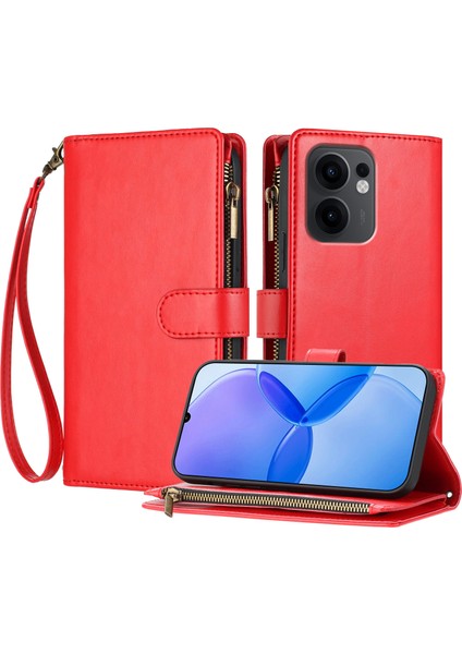 Oppo Reno 13F ile Uyumlu Rfıd Engelleme Kredi Kartı Tutucu Deri Fermuarlı Kapaklı Cüzdan Bilek Kayışı Destekli Koruyucu Kılıf (Yurt Dışından)