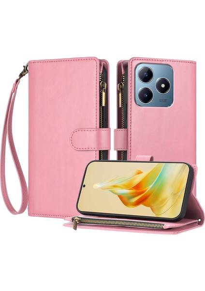 Realme C63 ile Uyumlu Rfıd Engelleme Kredi Kartı Tutucu Deri Fermuarlı Kapaklı Cüzdan Bilek Kayışı Destekli Koruyucu Kılıf (Yurt Dışından)