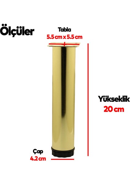 Mobilya Kanepe Sehpa Tv Ünitesi Koltuk Ayağı Ayarlanabilir 20 cm Gold Altın Metal Baza Ayak 4 Adet