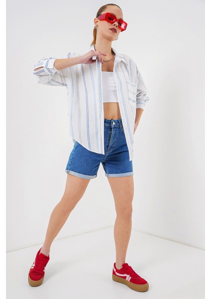 Kadın Çizgili Oversize Gömlek 20278 - Beyaz fiyatları