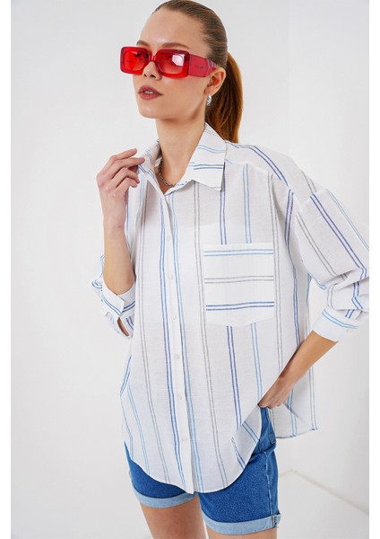 Kadın Çizgili Oversize Gömlek 20278 - Beyaz modelleri