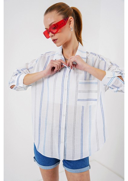 Kadın Çizgili Oversize Gömlek 20278 - Beyaz fırsatları