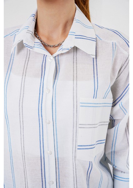 Kadın Çizgili Oversize Gömlek 20278 - Beyaz indirimleri