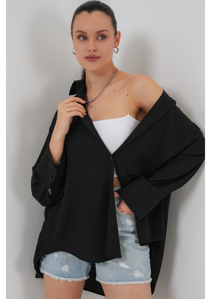 Kadın Örme Oversize Gömlek 20264 - Siyah