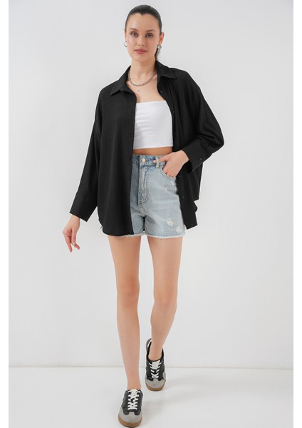 Kadın Örme Oversize Gömlek 20264 - Siyah