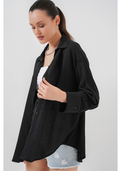 Kadın Örme Oversize Gömlek 20264 - Siyah