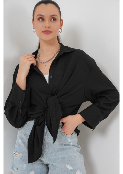 Kadın Örme Oversize Gömlek 20264 - Siyah