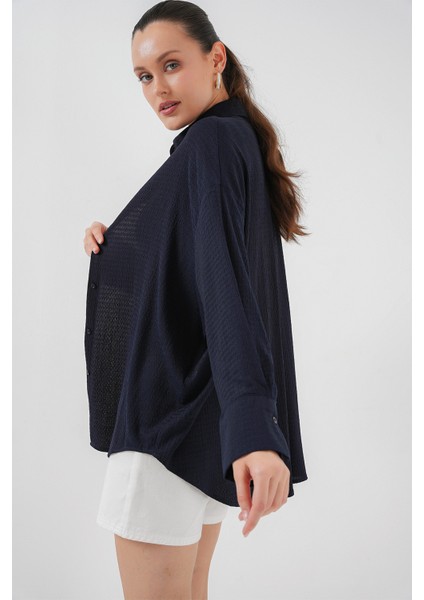 Kadın Örme Oversize Gömlek 20264 - Lacivert