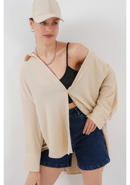 Kadın Örme Oversize Gömlek 20264 - Bej