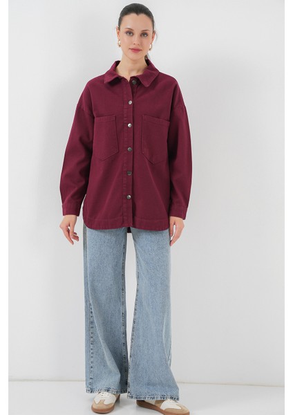 20192 Oversize Gabardin Gömlek Ceket - Bordo