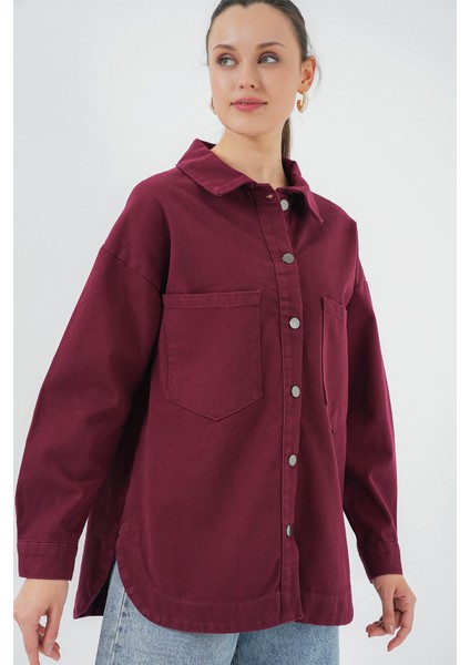 20192 Oversize Gabardin Gömlek Ceket - Bordo