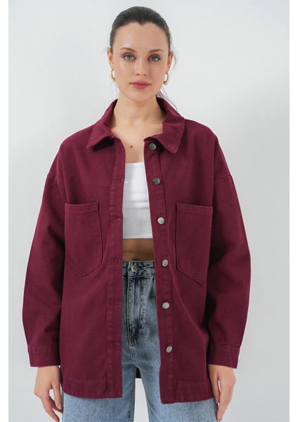 20192 Oversize Gabardin Gömlek Ceket - Bordo