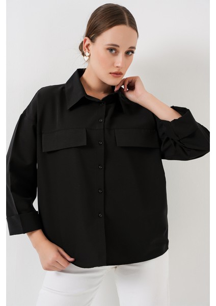 Kadın Cep Detaylı Oversize Gömlek 20313 - Siyah