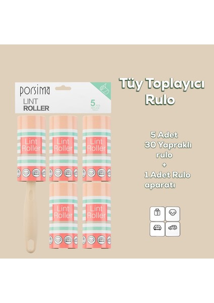 3104 Kedi Köpek Tüy Toplayıcı Rulo + 4 Adet Yedek Rulo Krem