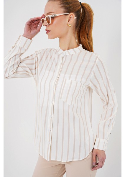 Kadın Uzun Kollu Çizgili Gömlek 20283 - Bej