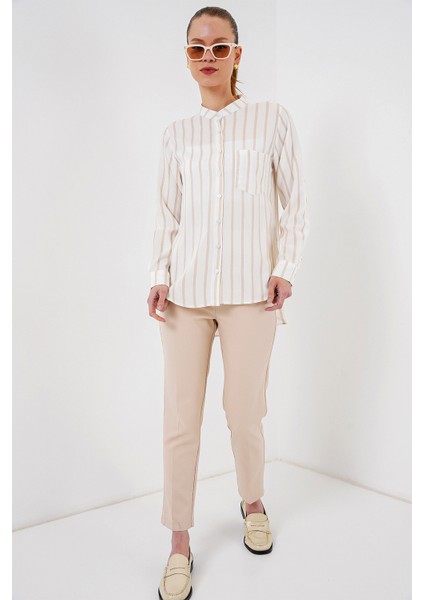 Kadın Uzun Kollu Çizgili Gömlek 20283 - Bej fiyatları