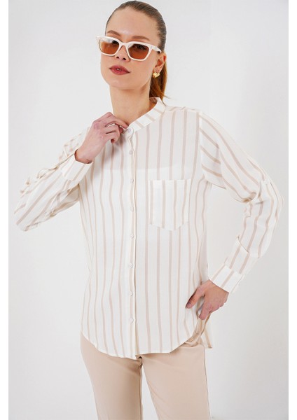 Kadın Uzun Kollu Çizgili Gömlek 20283 - Bej modelleri