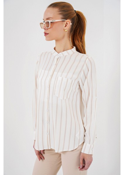 Kadın Uzun Kollu Çizgili Gömlek 20283 - Bej fırsatları