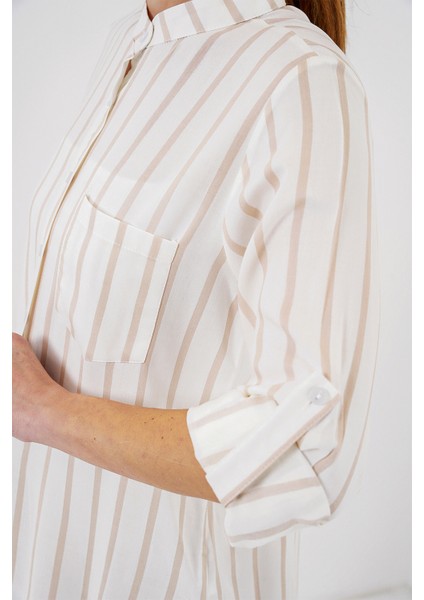 Kadın Uzun Kollu Çizgili Gömlek 20283 - Bej indirimleri