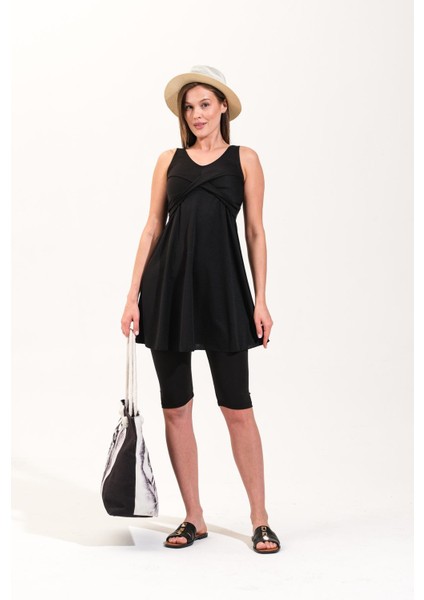 2257_KADIN 2'li Takım Taytlı Çapraz Bantlı Askılı Elbise Deniz/havuz Mayosu