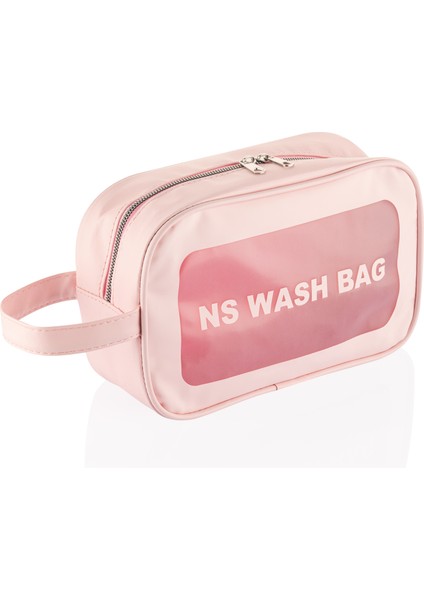 Ns Şeffaf Makyaj ve Kozmetik Çantası-Taşınabilir Seyahat Banyo Saklama Çantası-M Boy Pembe
