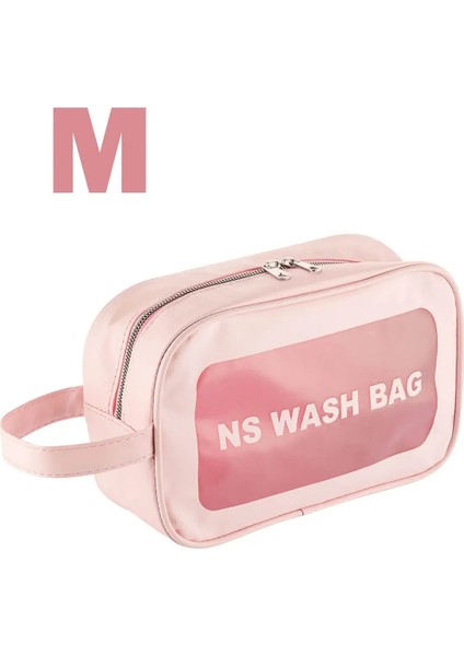 Ns Şeffaf Makyaj ve Kozmetik Çantası-Taşınabilir Seyahat Banyo Saklama Çantası-M Boy Pembe