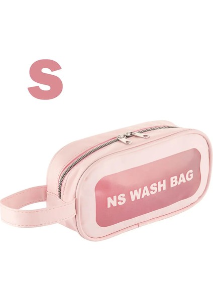 Şeffaf Makyaj ve Kozmetik Çantası - Taşınabilir Seyahat Banyo Saklama Çantası-S Boy Pembe