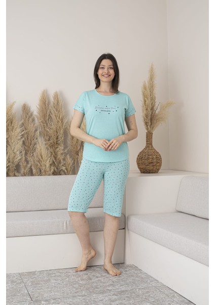 Kadın Puantiyeli Viskon Kısa Kol Pijama Kapri Takımı-Mint