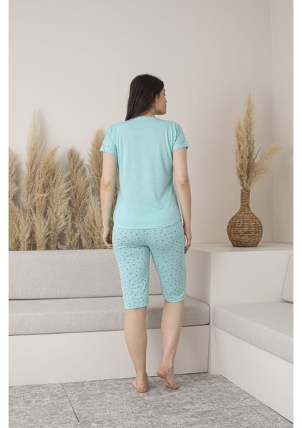 Kadın Puantiyeli Viskon Kısa Kol Pijama Kapri Takımı-Mint fiyatları