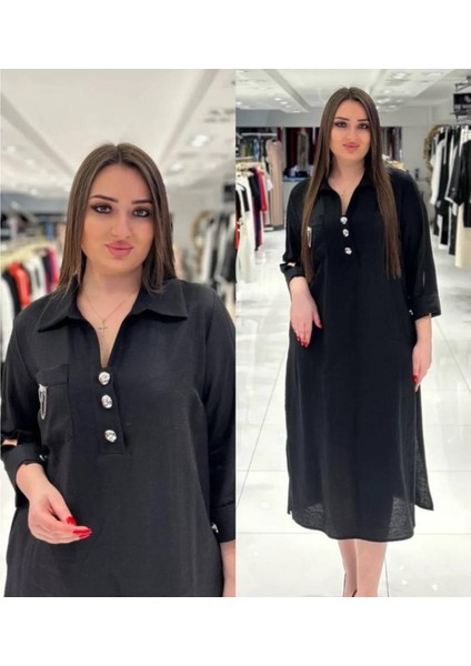 Büyük Beden Göğüs Kısmı Cepli ve Aksesuar Detaylı Elbise
