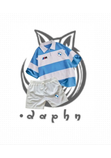 Çizgili Oversize Polo Yaka Yakası Fermuarlı Bebe Mavisi Bmw M3 Baskılı T-Shirt Şort 2'li Takım