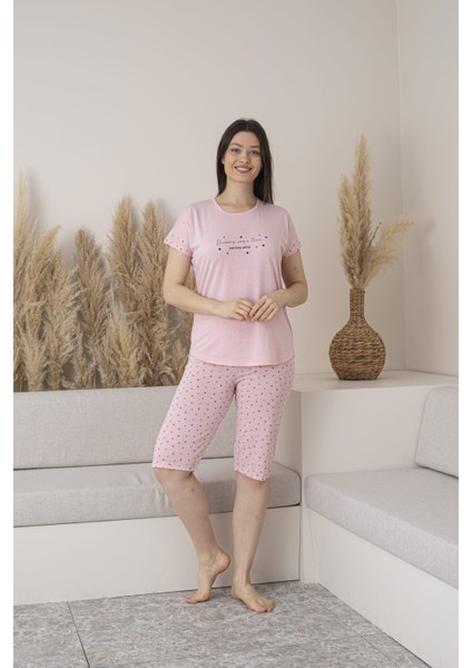 Kadın Puantiyeli Viskon Kısa Kol Pijama Kapri Takımı-Pembe