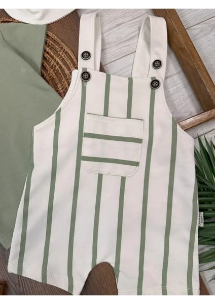 3lü Şapkalı Omuzdan Çıtçıtlı Şeritli Salopet Erkek Bebek Takım