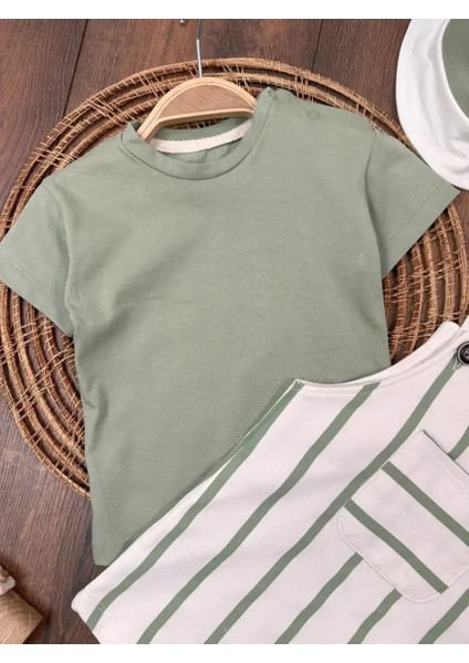 3lü Şapkalı Omuzdan Çıtçıtlı Şeritli Salopet Erkek Bebek Takım
