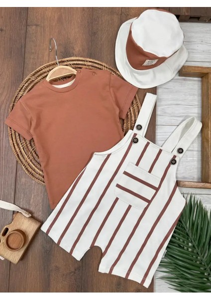 3lü Şapkalı Omuzdan Çıtçıtlı Şeritli Salopet Erkek Bebek Takım