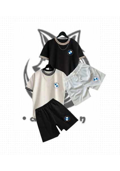 Erkek 4'lü Siyah - Beyaz Bmw Baskılı Oversize Kalıp Yaka Detaylı Yazlık T-Shirt & Şort Takım